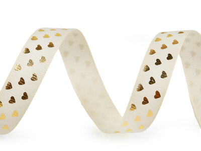Grosgrain lint 1,5 cm – ivoor met gouden hartjes – 5 meter