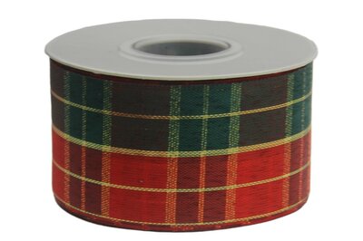 Gesneden lint Schotse ruit rood donkergroen goud 38 mm