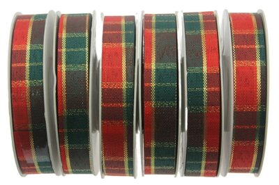 Gesneden lint Schotse ruit rood donkergroen goud 12 mm
