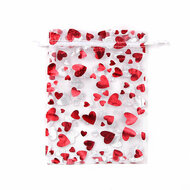 Organza zakjes 9 x 12 cm wit met rode hartjes